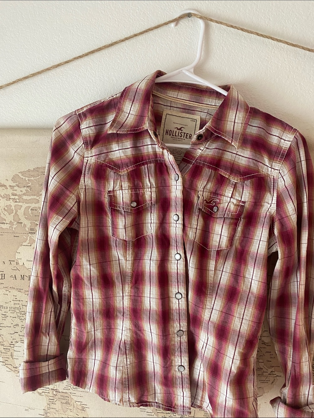 Hollister Women's Red and Cream Plaid Snap Shirt